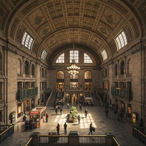 Grand interior hall of Denver Union Station with high vaulted ceilings, large arched windows letting in natural light, chandeliers, and people walking through the spacious waiting area.
