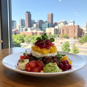 A colorful and creatively plated signature breakfast dish, likely featuring pancakes or eggs benedict with unique toppings, served on a white plate at Snooze A.M. Eatery.