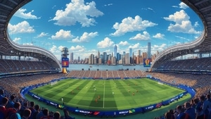 Stylized image of MetLife Stadium hosting the 2026 World Cup Final with the NYC skyline in the background