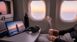 A passenger using travel hacks for long flights to relax, looking out the airplane window at a colorful sunrise with headphones and a blanket for comfort.