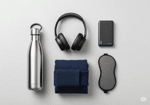 A flat lay of essential travel hacks for a long flight carry-on: noise-canceling headphones, a reusable water bottle, a power bank, a sweater, and an eye mask, all neatly organized.