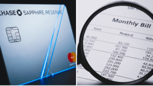 A split image showing a Chase Sapphire Reserve credit card with a blue glow on one side, and a magnifying glass over a detailed monthly bill with numbers on the other.