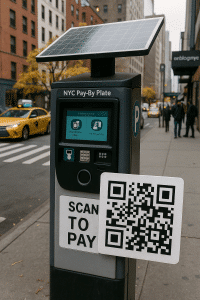 A real-life New York City Pay-By-Plate parking meter with a large solar panel stands on a city sidewalk. A prominent, makeshift QR code sticker labeled "SCAN TO PAY" is attached to the meter below the screen, with yellow taxis and city buildings visible in the background.