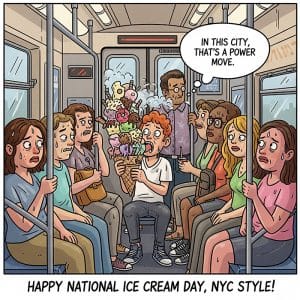 An editorial cartoon of a crowded NYC subway car on a hot day. Sweaty, unhappy passengers stare in disbelief at a young man in the center who is holding a gigantic, overflowing ice cream cone. A thought bubble from another passenger reads, "In this city, that's a power move." The caption below says, "Happy National Ice Cream Day, NYC Style!"