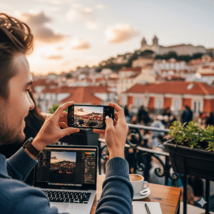 A male content creator frames a photo of the Lisbon, Portugal skyline on his smartphone, with his laptop open on a cafe table beside him.