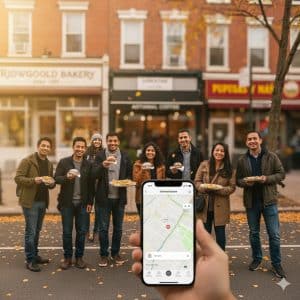 A group of diverse friends smiling and holding various ethnic foods from a culinary walking tour in Ridgewood, Queens, with a smartphone displaying a map in the foreground.