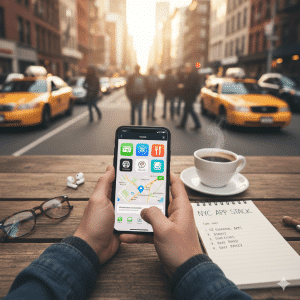 Person holding a smartphone displaying essential NYC navigation apps, with a notebook titled "NYC APP STACK" and coffee on a table, overlooking a busy New York City street with yellow cabs.