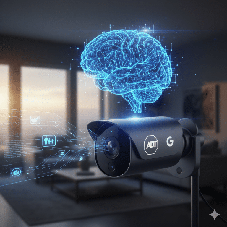 An ADT and Google co-branded home security camera is in the foreground of a modern living room, with glowing blue digital data streams flowing from its lens towards a holographic, plexiglass-style brain, symbolizing the integration of artificial intelligence.