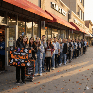 Long line of diverse shoppers waiting outside Trader Joe's for a special Halloween tote bag release.