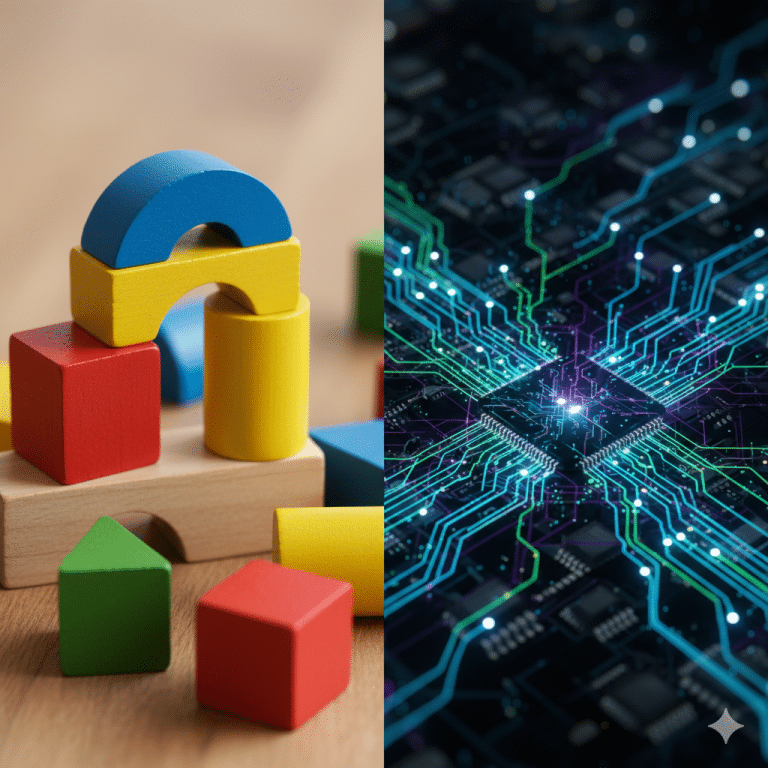 Split image contrasting a child's colorful wooden building blocks on the left with a glowing, intricate circuit board representing a neural network on the right.