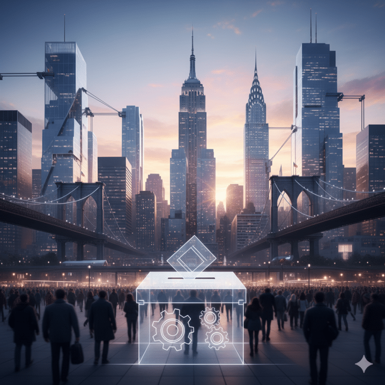 Stylized New York City skyline at dawn with glowing ballot box and silhouettes of people, symbolizing historic mayoral election and civic engagement.