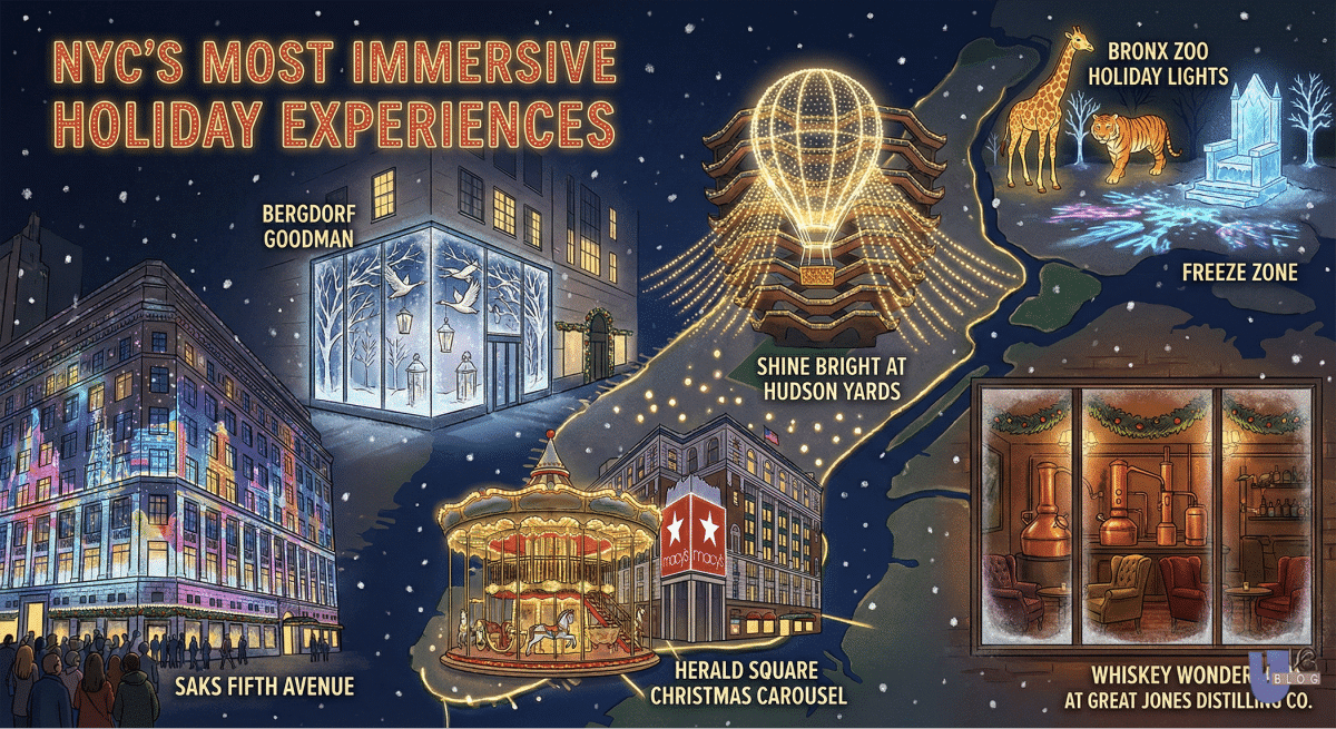 Illustrated map of NYC's immersive holiday experiences, featuring the Saks Fifth Avenue light show, the Hudson Yards hot air balloon, the Herald Square Christmas Carousel, and the Bronx Zoo Freeze Zone.